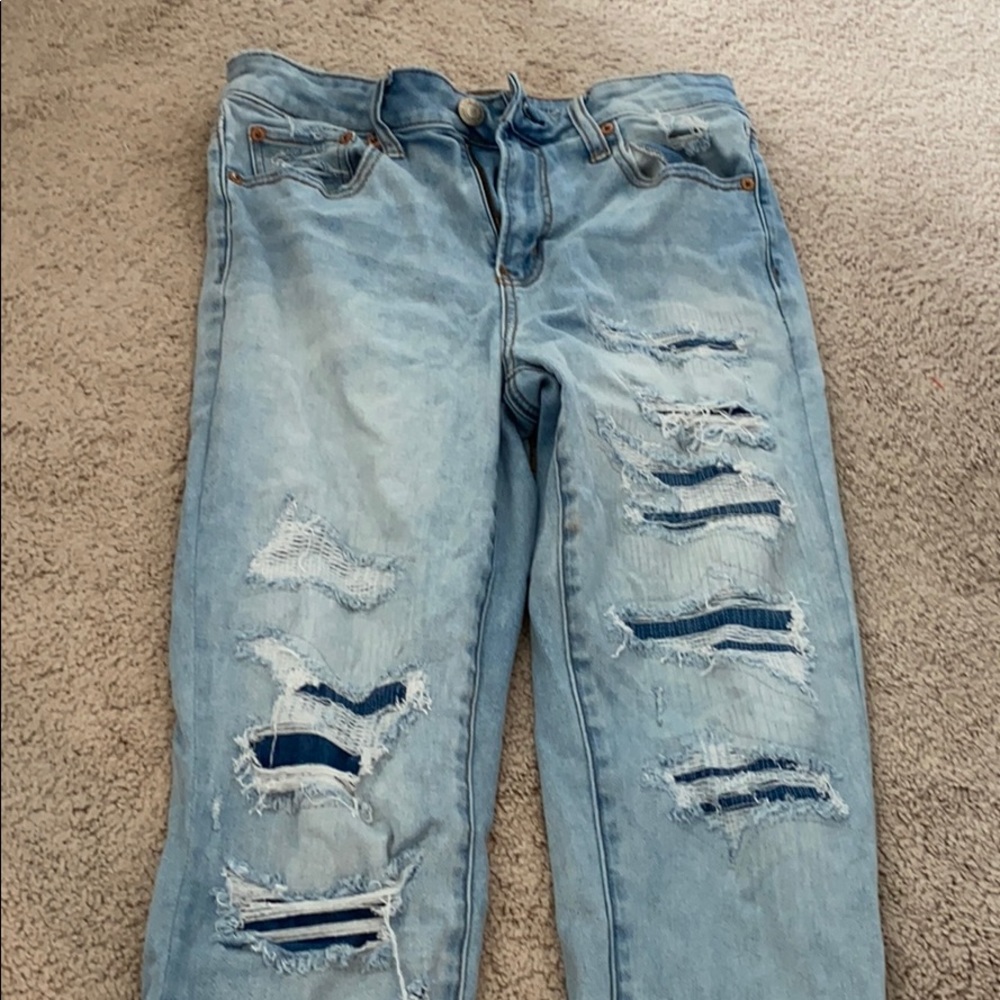 american eagle patchwork/distressed skinny jeans